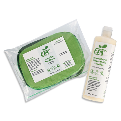 Reusable Pet Wipes with eco-friendly bio-compostable bag and refill solution for natural pet grooming and cleaning