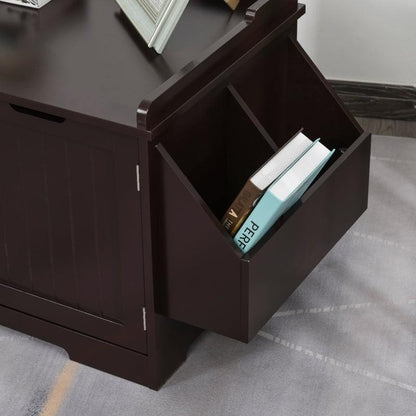 Wooden cat litter box nightstand with magnetic doors and side storage rack for books and magazines