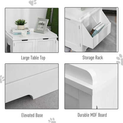 White wooden cat litter box nightstand with storage rack and durable MDF board finish