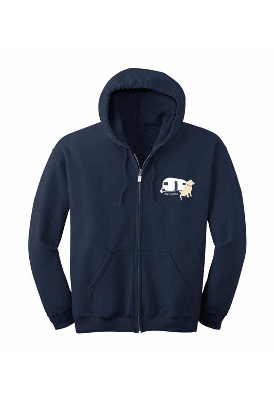 navy zip hoodie with rv never alone design